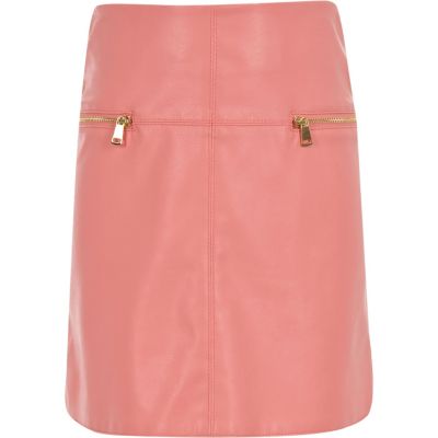 Girls pink leather-look A-line skirt
